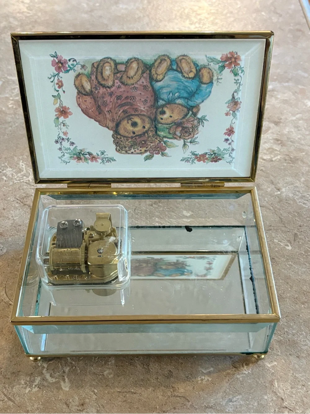 Vintage Teddy Bear Musical Jewelry Box Glass Brass Tone Beveled Trinket Box